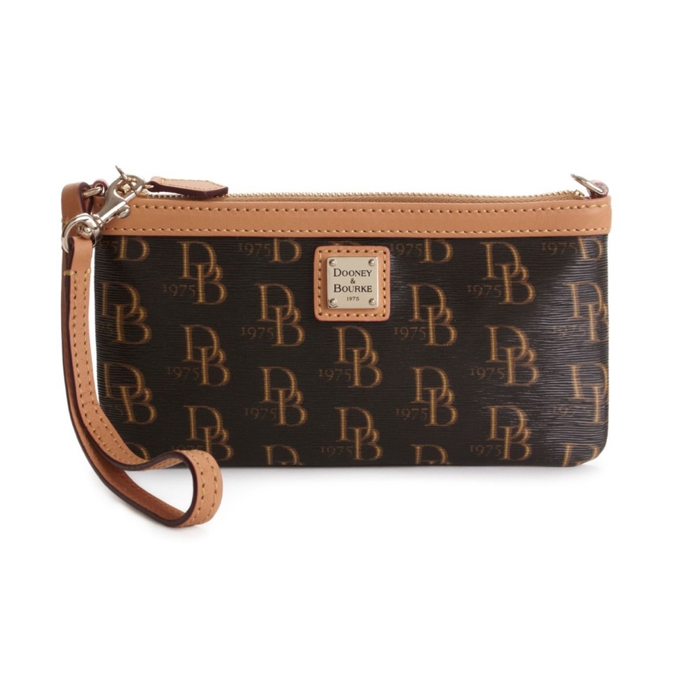Dooney & Bourke Windsor large slim monogram wristlet brown and tan design NEW